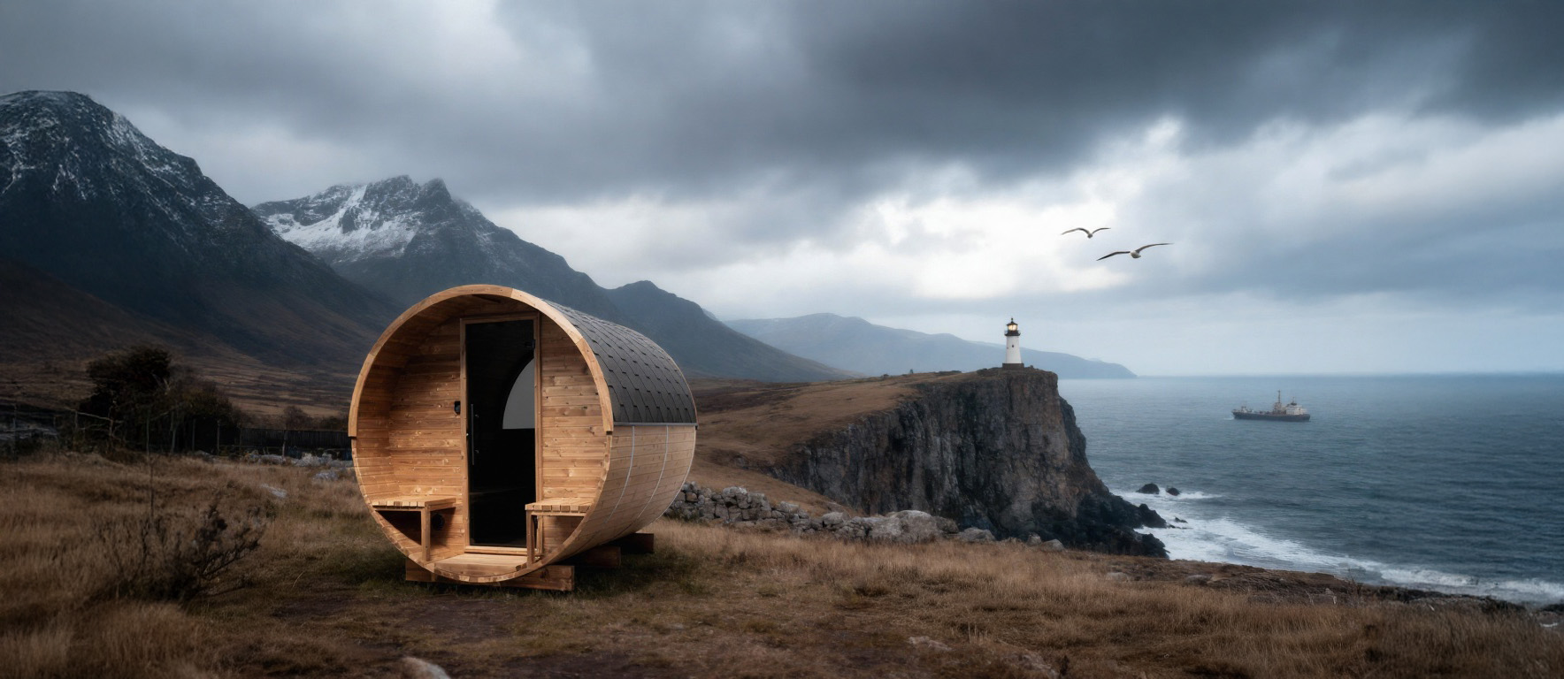 Vizualizace sudové sauny na pobřeží u majáku